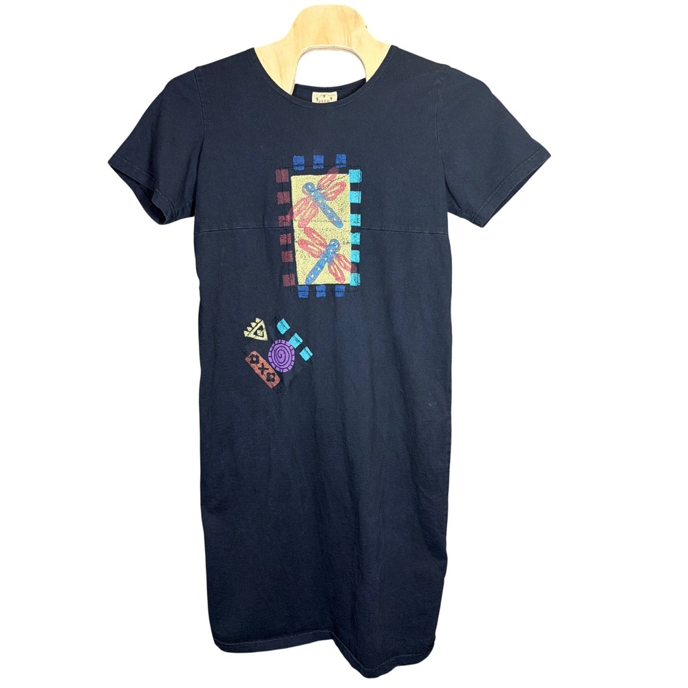 Blue Cactus Vintage Black Cotton Dragonfly Graphic T-Shirt Dress Women Large USA